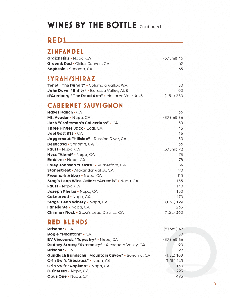 wine by the bottle menu 4 reds