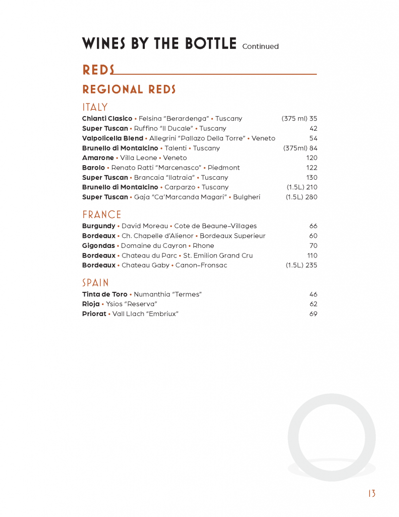 wine by the bottle menu 5 reds